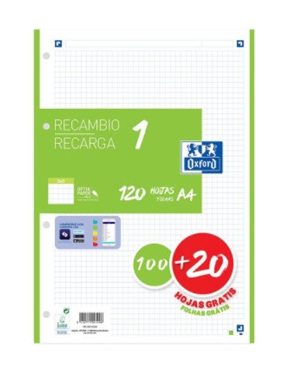 Oxford Spare Part Classic 1 Colour 100H + 20H Gratis A4 90GR 5X5MM 4/Taladros Band Green