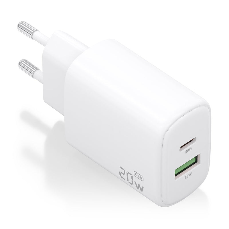 Aisens Charger GaN 20W, 1x USB-C PD 3.0, 1x USB-A QC3.0, White
