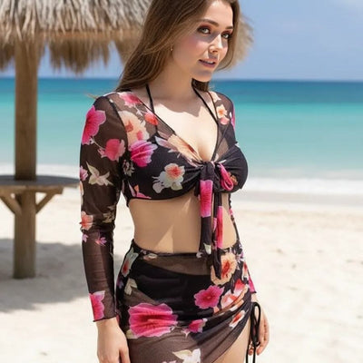 Feminine Mesh Cover-Up Bikini Three-Piece Set