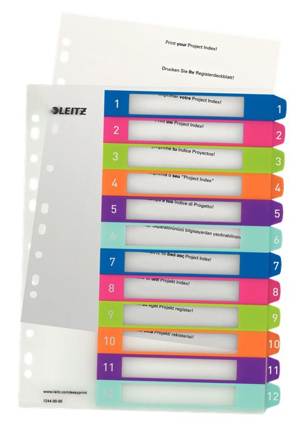 Leitz Wow Indice Plastic Imprimible Multicolour 12 Pestañas - Multitaladro - Formato A4 - Colour Translucido