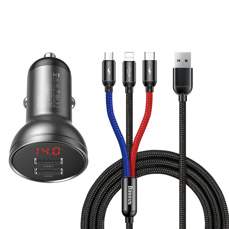 Baseus Charger Car 24W + USB Cable 3EN1 TZCCBX-0G