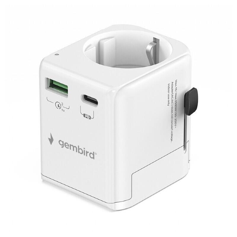 Gembird Grounded Universal Travel Power Adapter 20W White