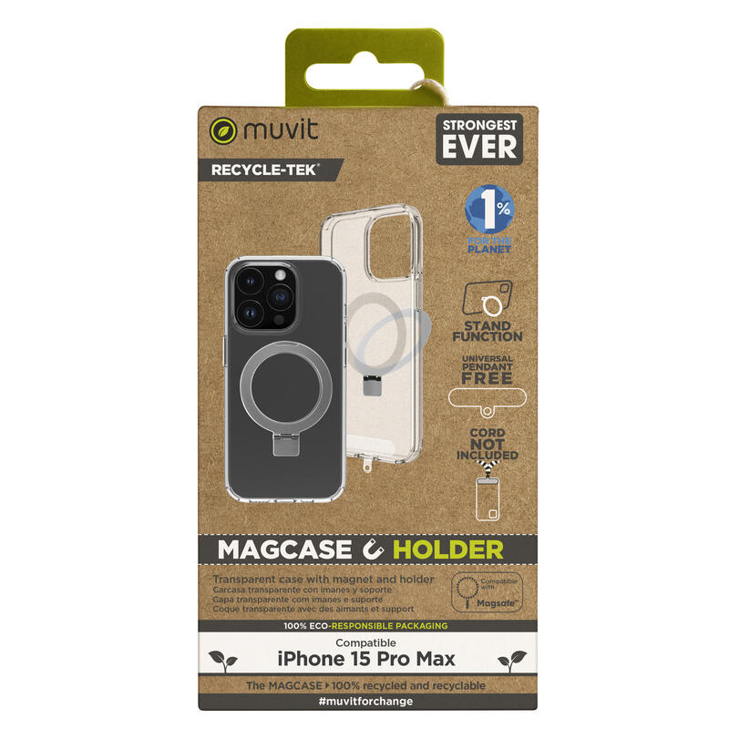 Muvit For Change Case Recycletek Magsafe With Stand Compatible With Apple Iphone 15 Pro Max. Transparent