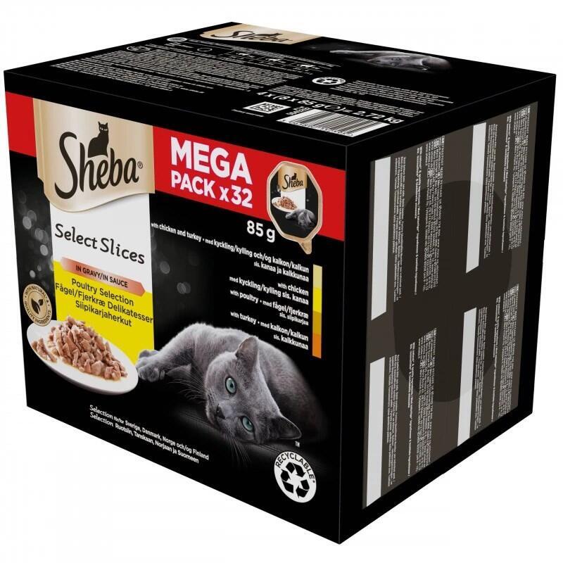 Sheba Tray Salsa Ave/Pollo/ Pavo - Comida Húmeda Gatos - 32X85G